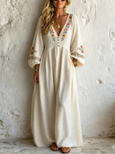 Women's Vintage Cotton-Linen Floral Embroidered V-Neck Maxi Dress