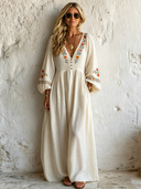 Women's Vintage Cotton-Linen Floral Embroidered V-Neck Maxi Dress