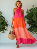 Women's Resort Style Vibrant Cotton Linen Color Block Sleeveless Maxi Dress ZMZ1146F7SWL