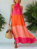 Women's Resort Style Vibrant Cotton Linen Color Block Sleeveless Maxi Dress ZMZ1146F7SWL