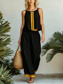 Women's Casual Black & Yellow Color-Block Cotton-Linen Camisole And Pants Set ZMZ1157F7SWL