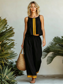 Women's Casual Black & Yellow Color-Block Cotton-Linen Camisole And Pants Set ZMZ1157F7SWL