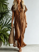 Women's Classic Brown Leopard Print Chiffon Short-Sleeve Maxi Dress ZMZ1178F2SWL