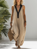 Women's Casual V-Neck Cotton-Linen Color-Block Sleeveless Loose Jumpsuit ZMZ1138F2SWL