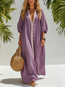 Women's Classic Purple Striped Mid-sleeve Button-down Maxi Dress ZMZ1106F7SWL