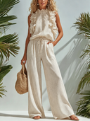 Women's Elegant Sleeveless Ruffled Striped Top And Straight-leg Pants Set ZMZ1164F9SWL