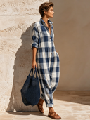 Women's Casual Plaid Long-Sleeve Collared Jumpsuit ZMZ1097F9XT