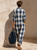 Women's Casual Plaid Long-Sleeve Collared Jumpsuit ZMZ1097F9XT