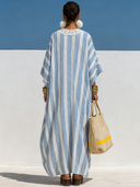 Women's Vacation V-Neck Striped Print Lace-Panel Maxi Dress ZMZ1059F8XT