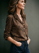 Women's Leopard Print V-Neck Long-Sleeve Shirt ZMZ1059F3XT