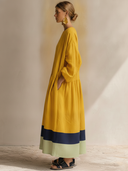 Women's Cotton-Linen Color-Block Panel Maxi Dress With Round Neck ZMZ1043F7XT