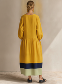 Women's Cotton-Linen Color-Block Panel Maxi Dress With Round Neck ZMZ1043F7XT