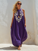 Women's Vintage-style Purple Cotton-linen Embroidered Sleeveless Loose Maxi Dress ZMZ1192F1SWL