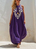 Women's Vintage-style Purple Cotton-linen Embroidered Sleeveless Loose Maxi Dress ZMZ1192F1SWL