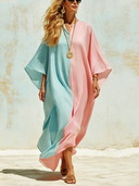 Women's Casual Vacation Cotton Linen Blue And Pink Color-blocked V-neck Loose Maxi Dress ZMZ1132F9SWL