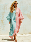 Women's Casual Vacation Cotton Linen Blue And Pink Color-blocked V-neck Loose Maxi Dress ZMZ1132F9SWL