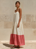 Women's Vacation Strappy Linen Color Block Maxi Dress ZMZ1055F3XT