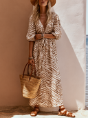 Women's Boho Safari Style Rayon Blend Zebra Print V-Neck Tie Waist Maxi Dress ZMZ1111F0YZH