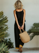 Women's Casual Black & Yellow Color-Block Cotton-Linen Camisole And Pants Set ZMZ1157F7SWL