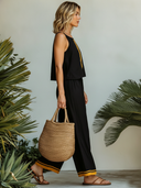 Women's Casual Black & Yellow Color-Block Cotton-Linen Camisole And Pants Set ZMZ1157F7SWL