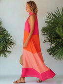 Women's Resort Style Vibrant Cotton Linen Color Block Sleeveless Maxi Dress ZMZ1146F7SWL