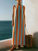 Women's Mediterranean Minimal Style Rayon Blend Vertical Stripe Boat Neck Sleeveless Maxi Dress ZMZ1168F6YZH