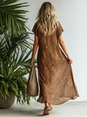 Women's Classic Brown Leopard Print Chiffon Short-Sleeve Maxi Dress ZMZ1178F2SWL