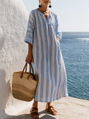 Women's Costal Casual Style Rayon Blend Stripe Notch Neck Caftan Maxi Dress ZMZ1142F6YZH