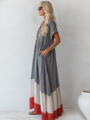 Women's Casual Cotton-Linen Color-Block V-Neck Loose Maxi Dress ZMZ1174F8SWL