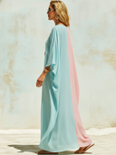 Women's Casual Vacation Cotton Linen Blue And Pink Color-blocked V-neck Loose Maxi Dress ZMZ1132F9SWL