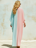 Women's Casual Vacation Cotton Linen Blue And Pink Color-blocked V-neck Loose Maxi Dress ZMZ1132F9SWL