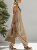 Women's Casual V-Neck Cotton-Linen Color-Block Sleeveless Loose Jumpsuit ZMZ1138F2SWL