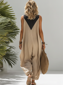 Women's Casual V-Neck Cotton-Linen Color-Block Sleeveless Loose Jumpsuit ZMZ1138F2SWL
