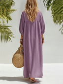 Women's Classic Purple Striped Mid-sleeve Button-down Maxi Dress ZMZ1106F7SWL