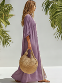 Women's Classic Purple Striped Mid-sleeve Button-down Maxi Dress ZMZ1106F7SWL