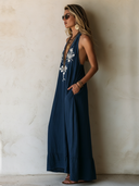 Women's Classic Navy Blue Cotton Linen Deep V-neck Embroidered Sleeveless Maxi Dress ZMZ1139F8SWL