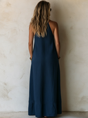 Women's Classic Navy Blue Cotton Linen Deep V-neck Embroidered Sleeveless Maxi Dress ZMZ1139F8SWL