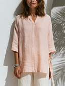 Women's Minimal Resort Style Premium Linen Notch Neck Side Tie Tunic Blouse ZMZ1152F1YZH