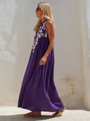 Women's Vintage-style Purple Cotton-linen Embroidered Sleeveless Loose Maxi Dress ZMZ1192F1SWL