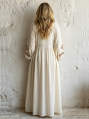 Women's Vintage Cotton-Linen Floral Embroidered V-Neck Maxi Dress