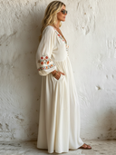 Women's Vintage Cotton-Linen Floral Embroidered V-Neck Maxi Dress