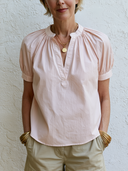 Women's Elegant Casual Style Cotton Linen Split Neck Puff Sleeve Blouse ZMZ1230F1YZH