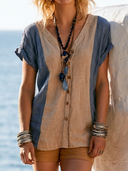 Women's Boho Coastal Style Premium Linen Color Block Roll Sleeve Button Down Blouse ZMZ1238F6YZH