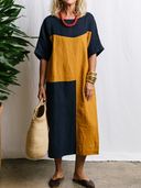 Women's Wabi-Sabi Art Style Premium Linen Color Block Half Sleeve Shift Midi Dress ZMZ1293F2YZH