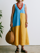 Women's Artistic Boho Style Premium Linen Color Block V-Neck Sleeveless Midi Dress ZMZ1207F2YZH