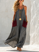 Women's Retro Flowy Textured Cotton Linen Color Block Camisole Maxi Dress ZMZ1289F5SWL