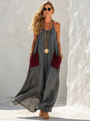 Women's Retro Flowy Textured Cotton Linen Color Block Camisole Maxi Dress ZMZ1289F5SWL