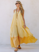 Women's Fashionable Light Yellow Cotton And Linen Loose-fitting Camisole Maxi Dress ZMZ1232F0SWL