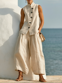 Women's Casual Resort Style Premium Linen Frog Button Vest & Wide Leg Pants Set ZMZ1215F7YZH