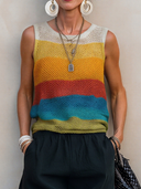Women's Stylish Casual Vacation Color-Block Crew Neck Sleeveless Knit Top ZMZ1056F6ZYY